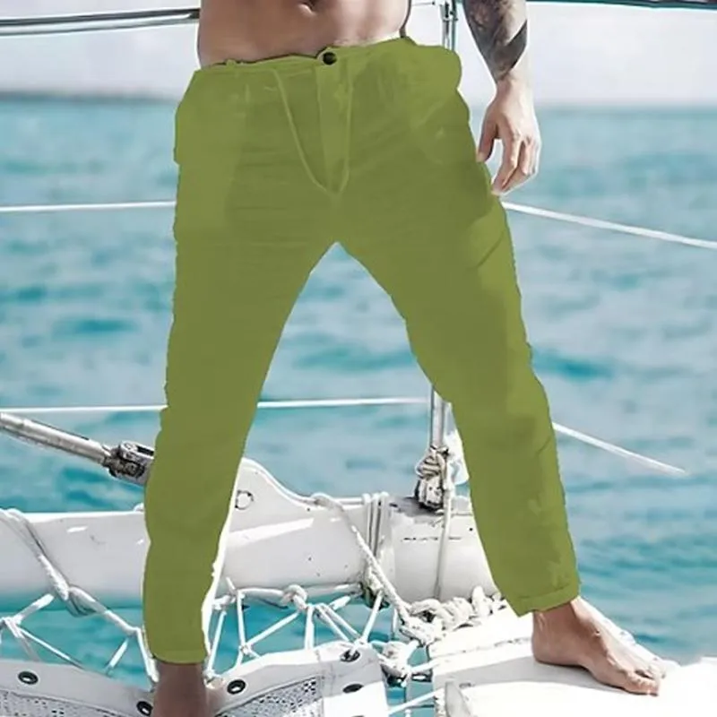 Men's Solid Color Linen Summer Drawstring Elastic Waist Beach Trousers 61028134X sold by Manly product image thumbnail 3