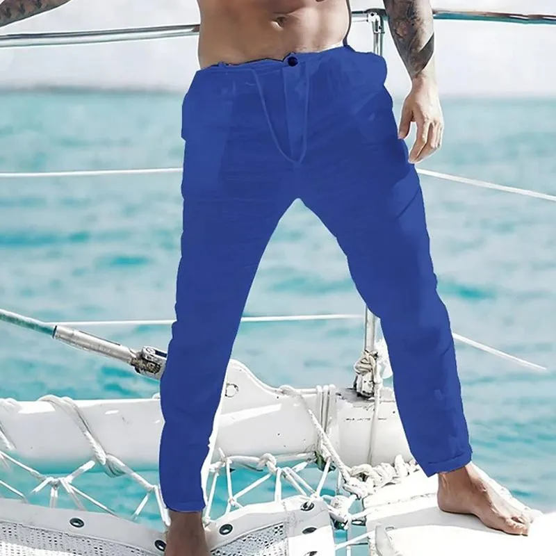 Men's Solid Color Linen Summer Drawstring Elastic Waist Beach Trousers 61028134X sold by Manly product image thumbnail 4