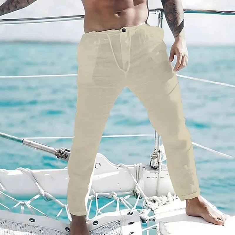 Men's Solid Color Linen Summer Drawstring Elastic Waist Beach Trousers 61028134X sold by Manly product image thumbnail 5