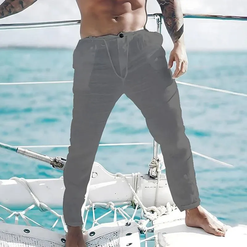 Men's Solid Color Linen Summer Drawstring Elastic Waist Beach Trousers 61028134X sold by Manly product image thumbnail 2