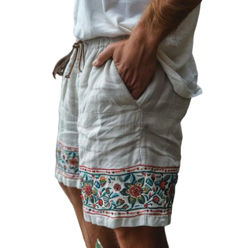 Men's Vintage Embroidered Panel Elastic Waist Vacation Shorts 25093387M sold by Manly