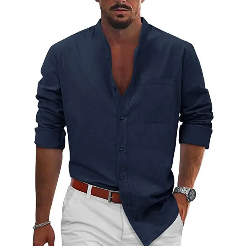 Men's Casual Beach Button Down Stand Collar Long Sleeve Cotton Linen Shirt 73426377X sold by Manly product image thumbnail 5