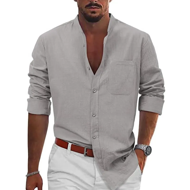 Men's Casual Beach Button Down Stand Collar Long Sleeve Cotton Linen Shirt 73426377X made by Manly