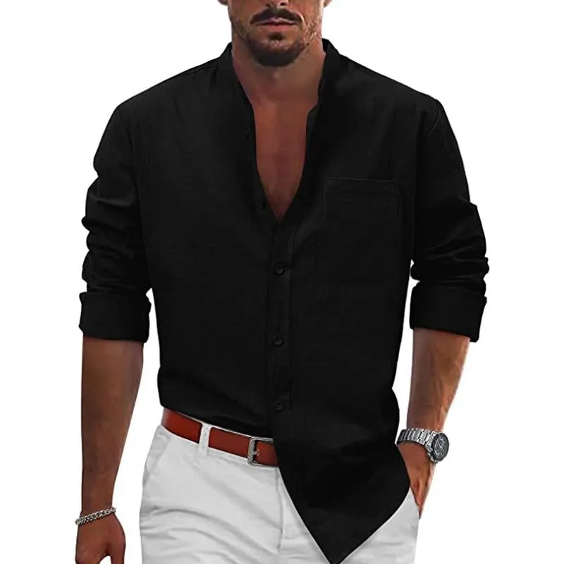 Men's Casual Beach Button Down Stand Collar Long Sleeve Cotton Linen Shirt 73426377X sold by Manly product image thumbnail 3