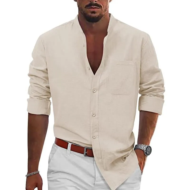 Men's Casual Beach Button Down Stand Collar Long Sleeve Cotton Linen Shirt 73426377X sold by Manly product image thumbnail 4