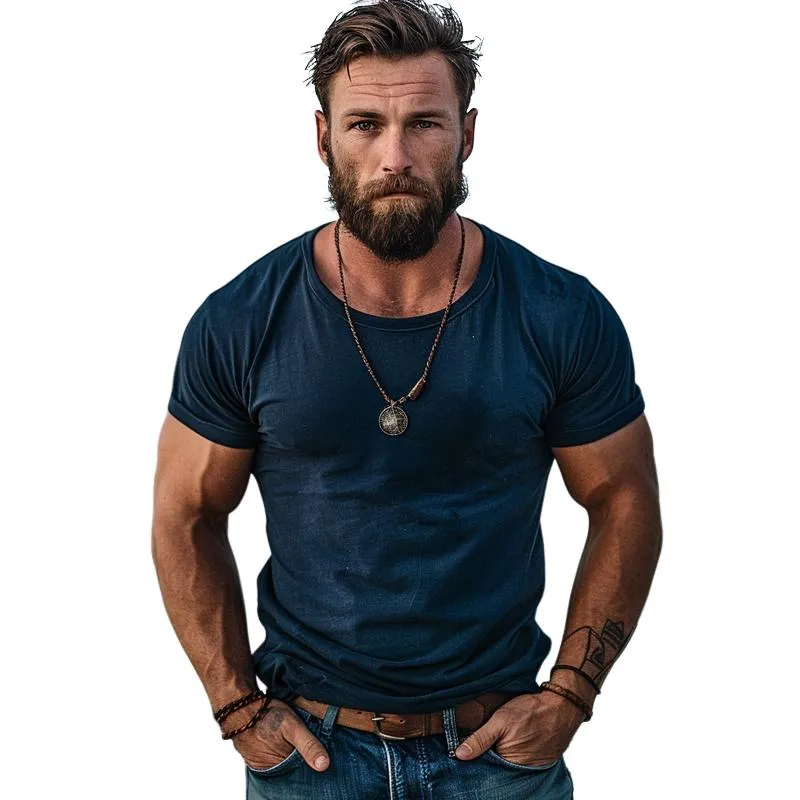 Men's Casual Cotton Blend Round Neck Slim Fit Shorts Sleeve T-Shirt 43762660M sold by Manly