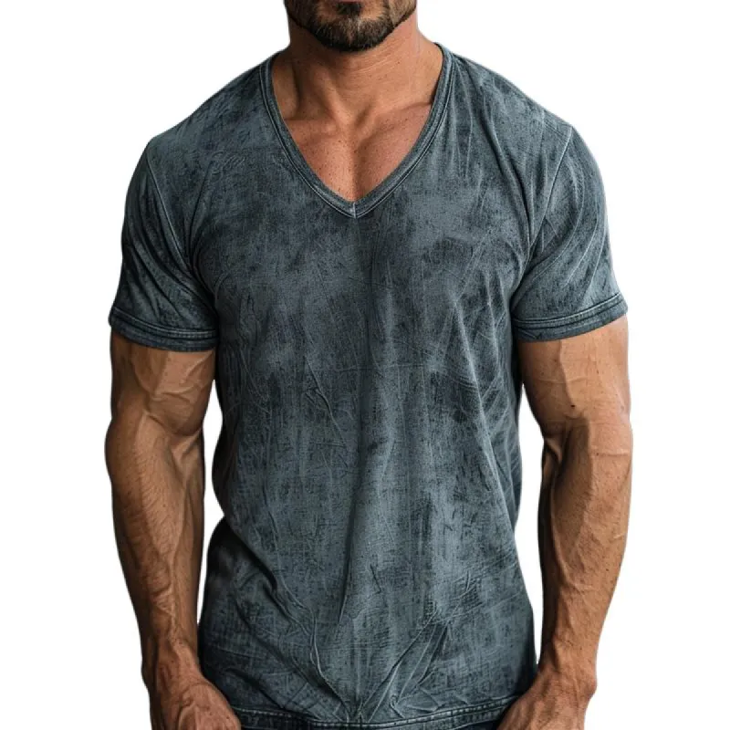 Men's Retro V-neck Distressed Printed Slim Short-sleeved T-shirt 63059727M sold by Manly