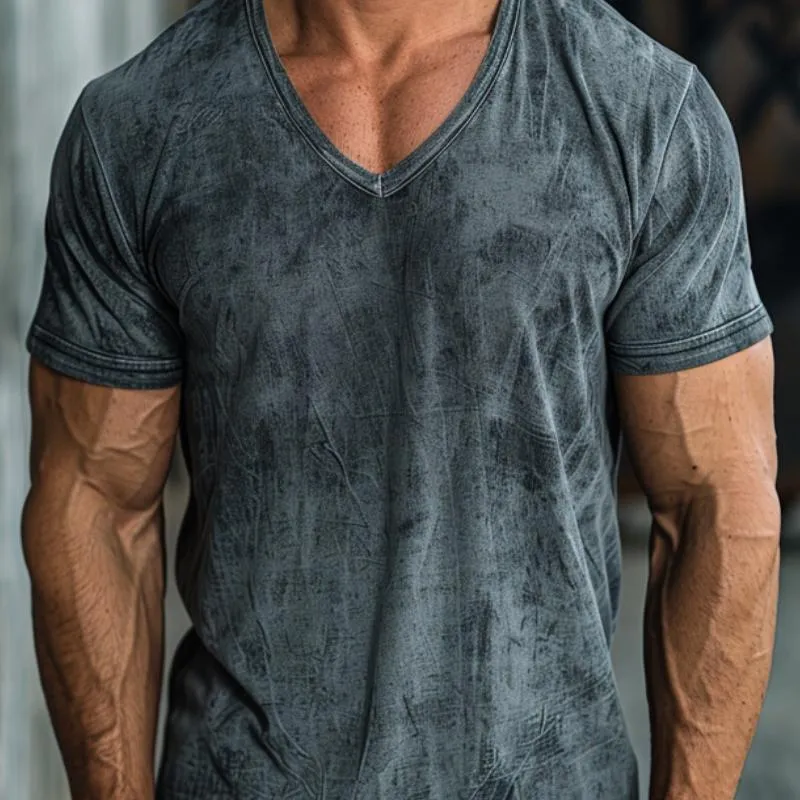 Men's Retro V-neck Distressed Printed Slim Short-sleeved T-shirt 63059727M sold by Manly product image thumbnail 3