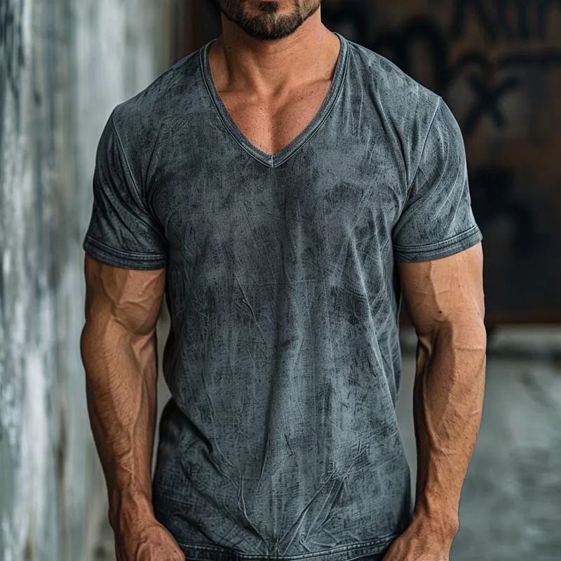 Men's Retro V-neck Distressed Printed Slim Short-sleeved T-shirt 63059727M sold by Manly product image thumbnail 2