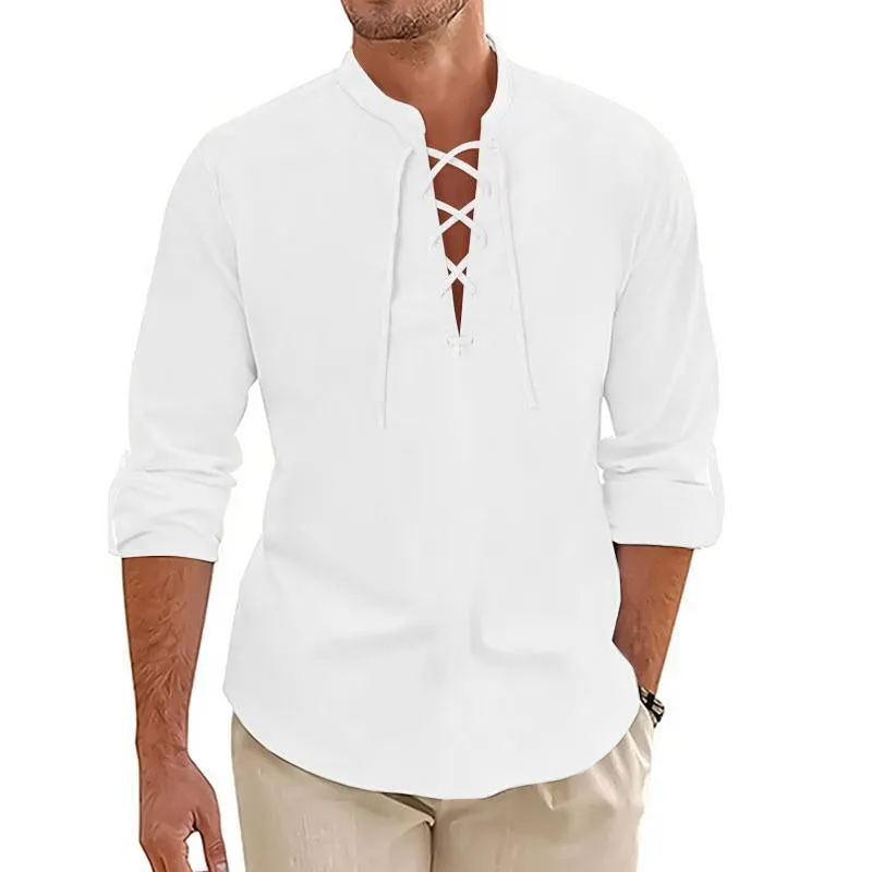 Men's Casual Cotton Linen Stand Collar Cross Strap Long Sleeve Shirt 68220667M sold by Manly product image thumbnail 2