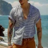 Men's Retro Striped Cuban Collar Short Sleeve Shirt 36135479TO sold by Manly