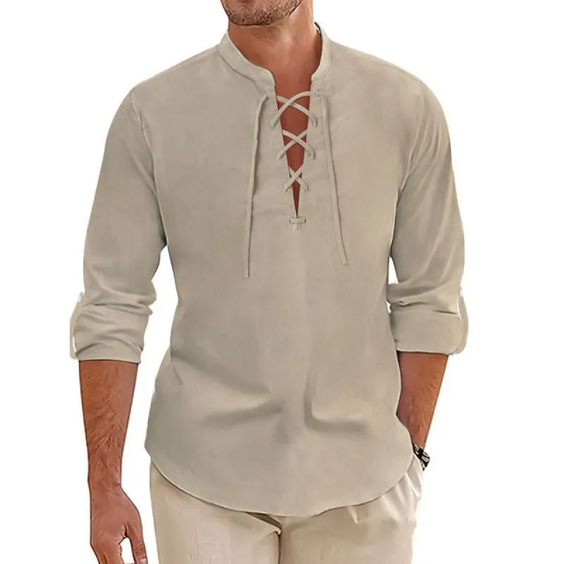 Men's Casual Cotton Linen Stand Collar Cross Strap Long Sleeve Shirt 68220667M made by Manly