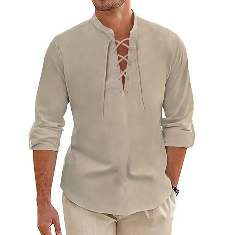 Men's Casual Cotton Linen Stand Collar Cross Strap Long Sleeve Shirt 68220667M sold by Manly