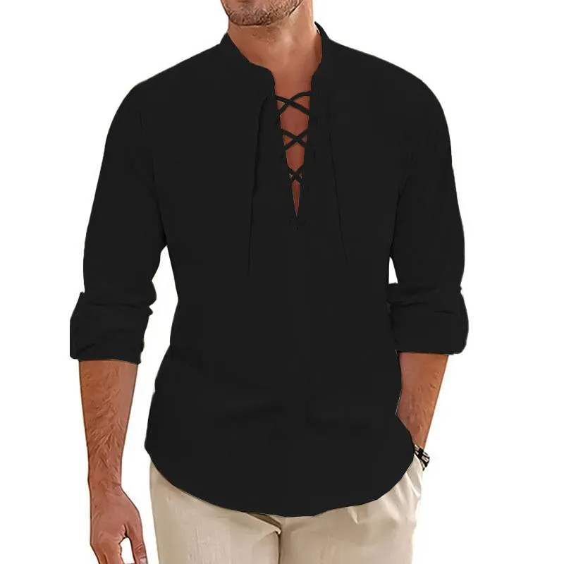 Men's Casual Cotton Linen Stand Collar Cross Strap Long Sleeve Shirt 68220667M sold by Manly product image thumbnail 3