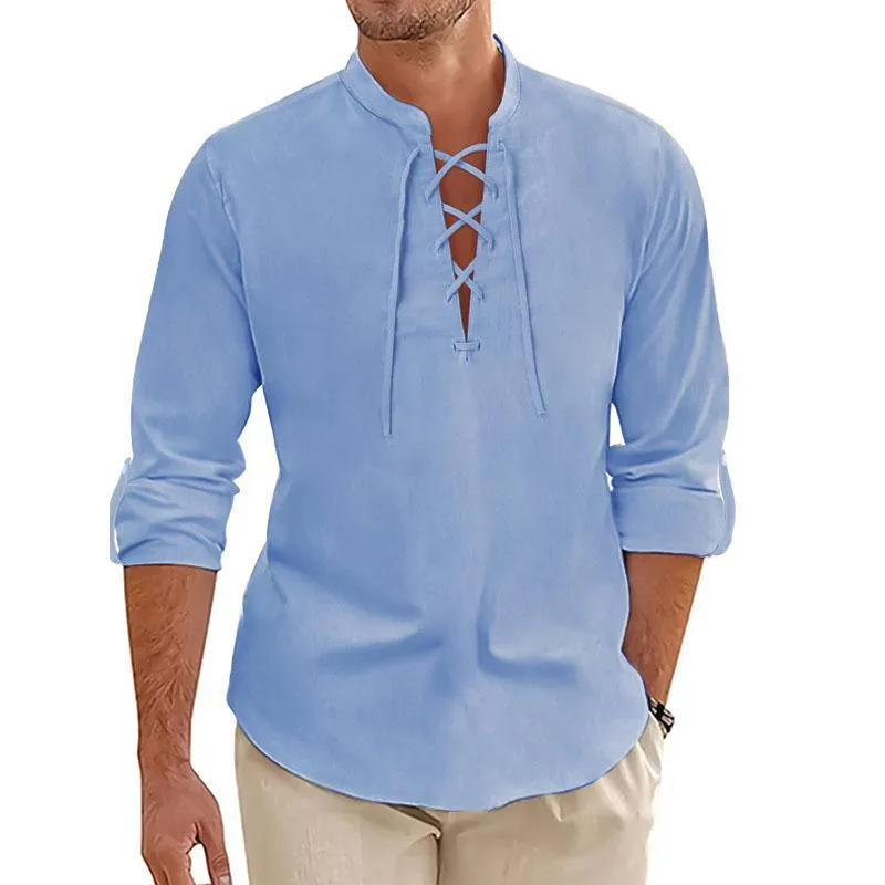 Men's Casual Cotton Linen Stand Collar Cross Strap Long Sleeve Shirt 68220667M sold by Manly product image thumbnail 4