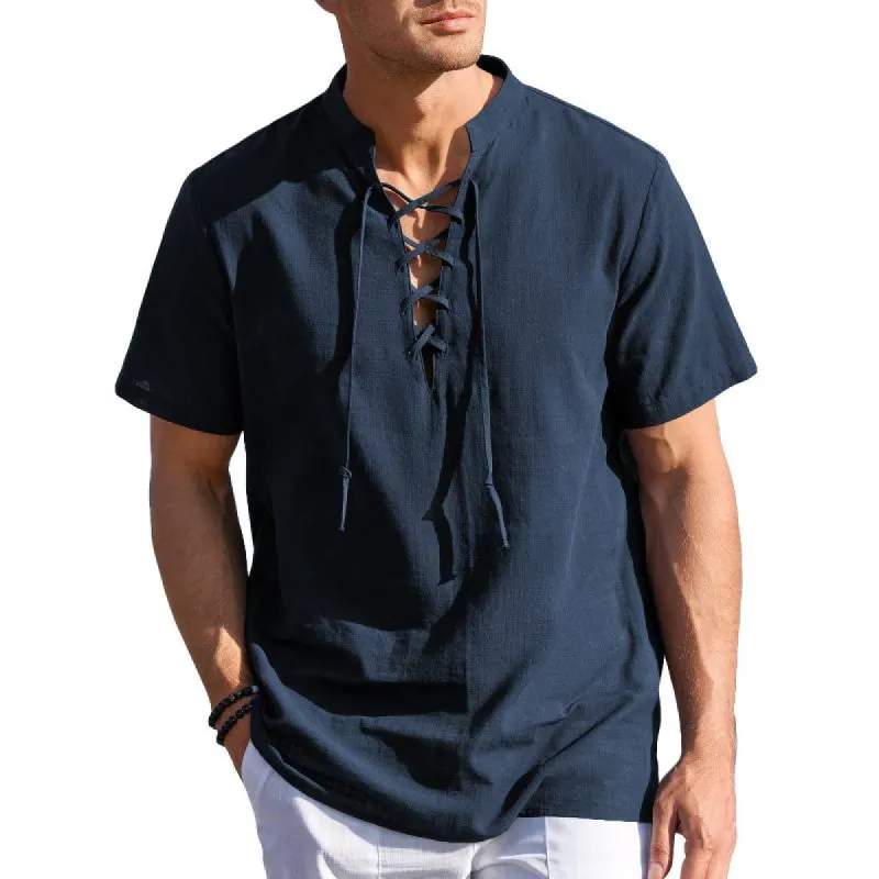 Men's Solid Color Cotton And Linen V-Neck Lace-Up Short-Sleeved Shirt 55607564Y sold by Manly