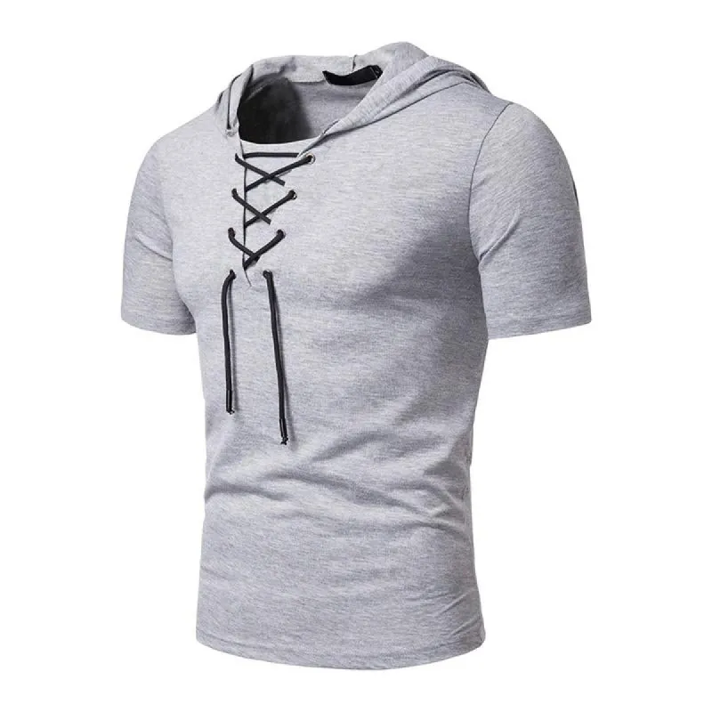 Men's Casual Cotton Blended Lace-Up Hooded Slim Fit Short Sleeve T-Shirt 31932609M sold by Manly
