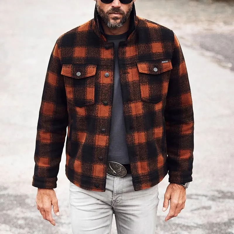 Men's Plaid Stand Collar Breast Pocket Single Breasted Jacket 13247217Z sold by Manly product image thumbnail 2