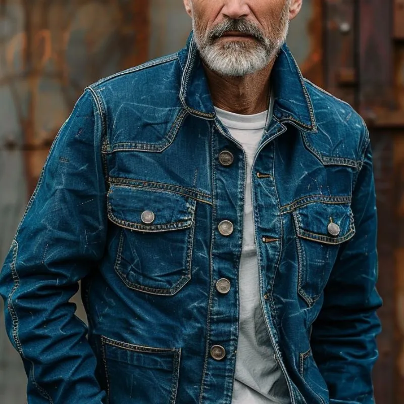 Men's Vintage Washed Distressed Multi-Pocket Denim Jacket 82663962Y sold by Manly product image thumbnail 3