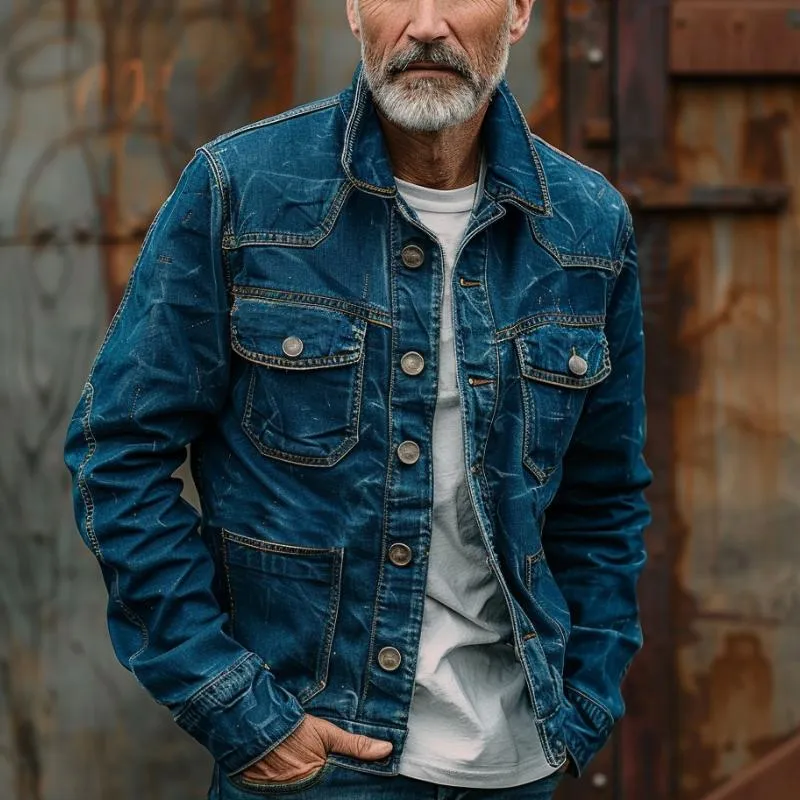 Men's Vintage Washed Distressed Multi-Pocket Denim Jacket 82663962Y sold by Manly product image thumbnail 2