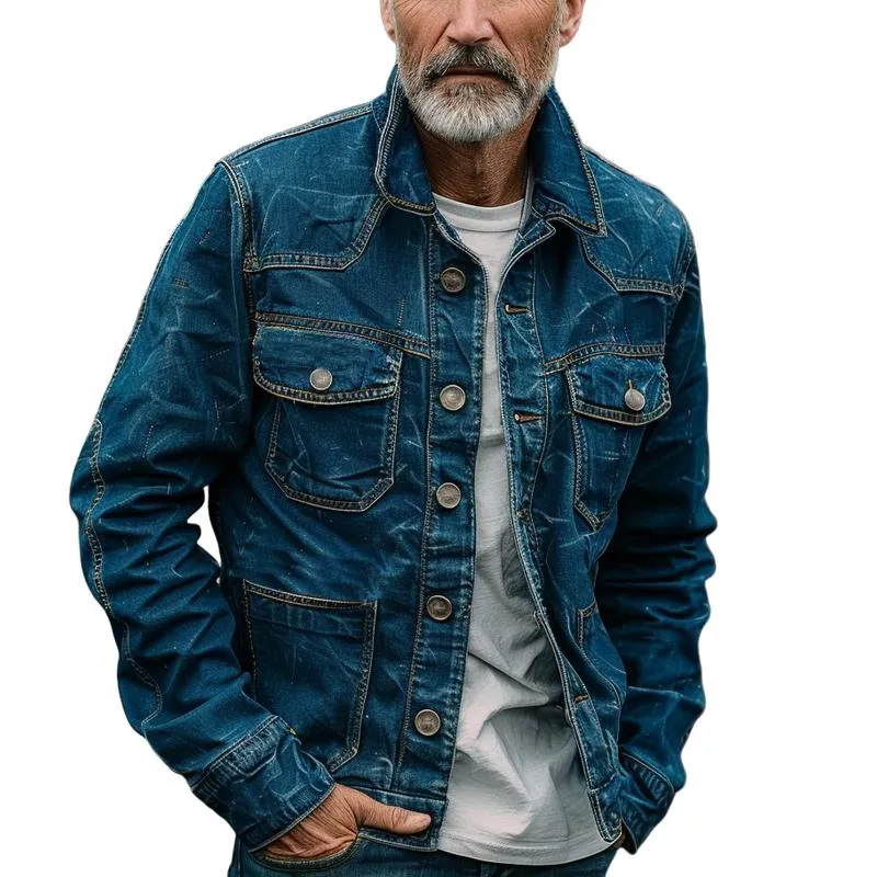 Men's Vintage Washed Distressed Multi-Pocket Denim Jacket 82663962Y sold by Manly