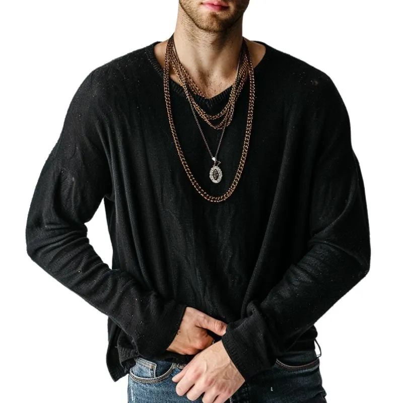Men's Solid Color Cotton Blend V-neck Loose Long-sleeved T-shirt 51411015X sold by Manly
