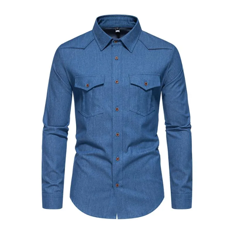 Men's Vintage Lapel Flap Pocket Slim Fit Single Breasted Denim Long Sleeve Shirt 46084071M sold by Manly