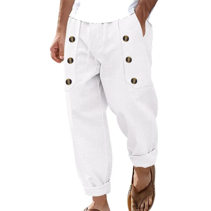 Men's Casual Cotton Linen Elastic Waist Loose Beach Pants 09358387M sold by Manly