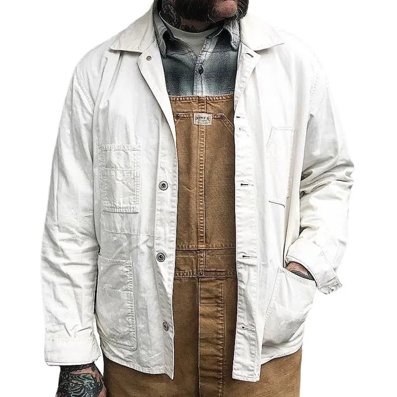 Men's Solid Color Lapel Multi-pocket Single Breasted Cargo Jacket 21803408Z sold by Manly