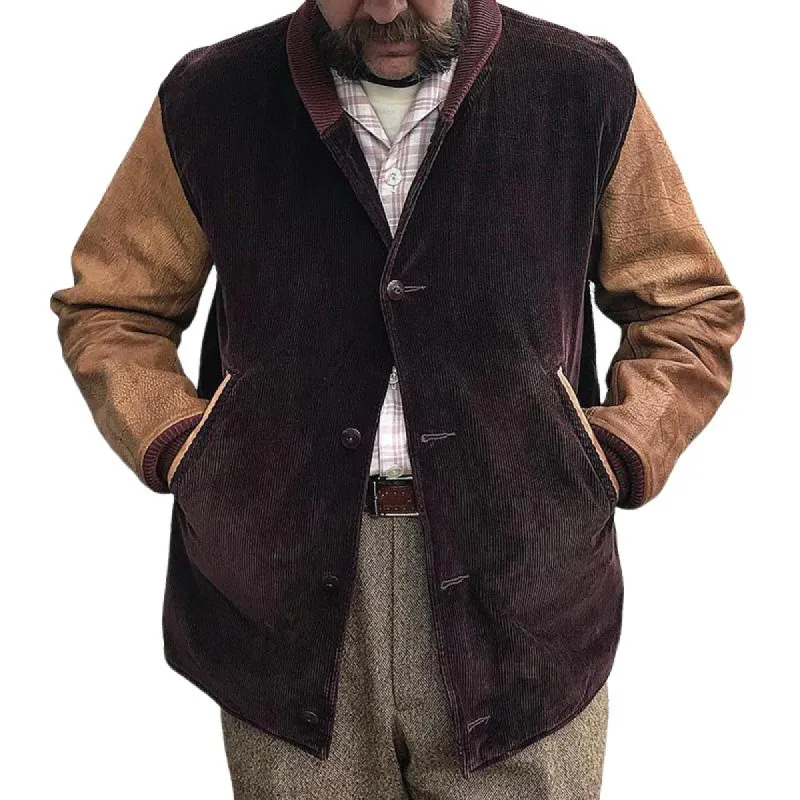 Men's Corduroy Colorblock PU Long Sleeve Lapel Single Breasted Casual Jacket 06752792Z sold by Manly
