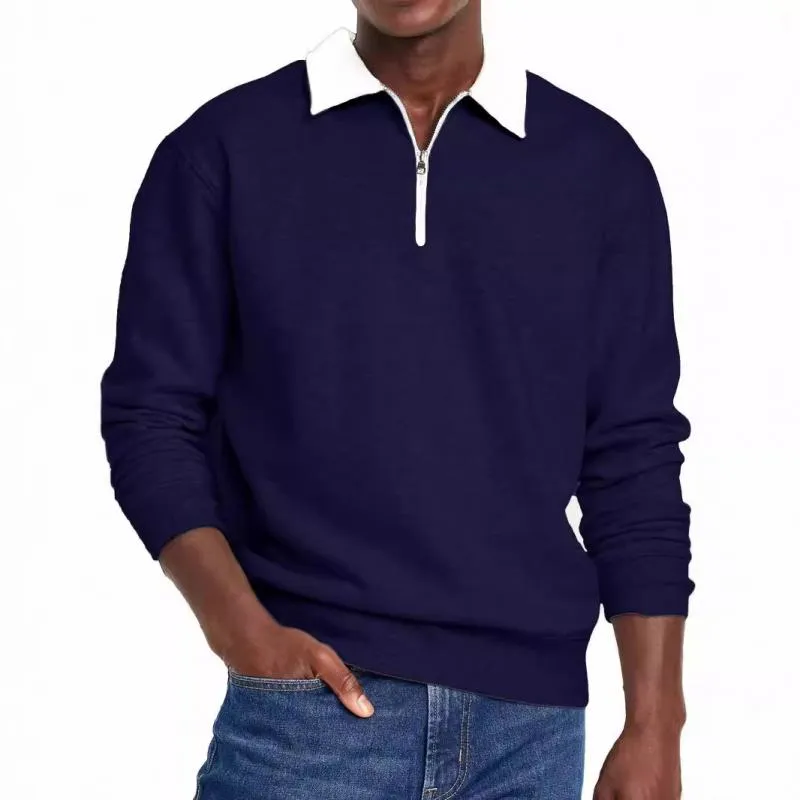 Men's Casual Half Zip Contrast Color Lapel Loose Long Sleeve Polo Shirt 93098285M sold by Manly