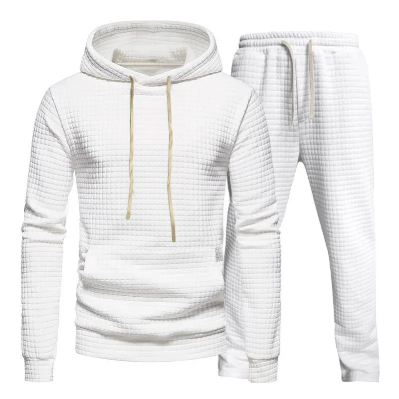 Men's Casual Jacquard Plaid Loose Hooded Sweatshirt Sports Elastic Waist Pants Set 08350588M sold by Manly
