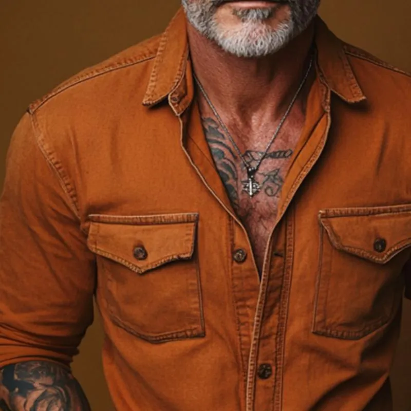 Men's Retro Casual Solid Pocket Long Sleeve Shirt 51033666TO sold by Manly product image thumbnail 3