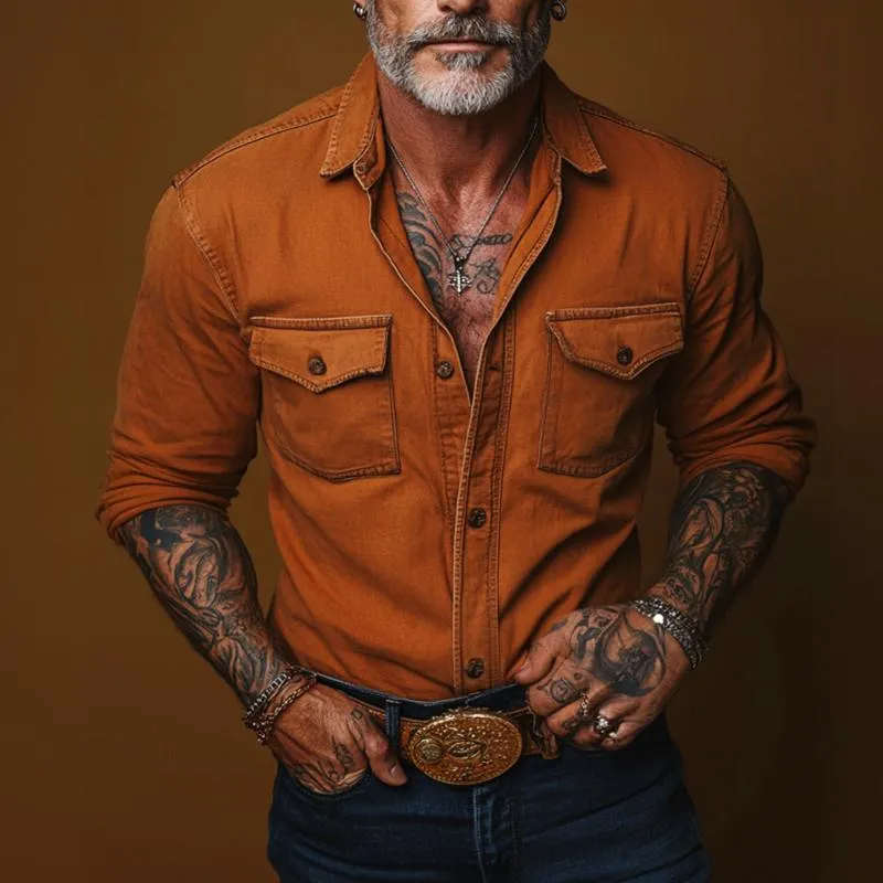 Men's Retro Casual Solid Pocket Long Sleeve Shirt 51033666TO sold by Manly product image thumbnail 2