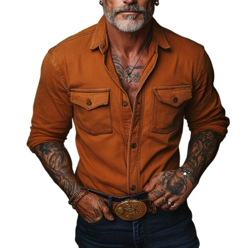 Men's Retro Casual Solid Pocket Long Sleeve Shirt 51033666TO sold by Manly
