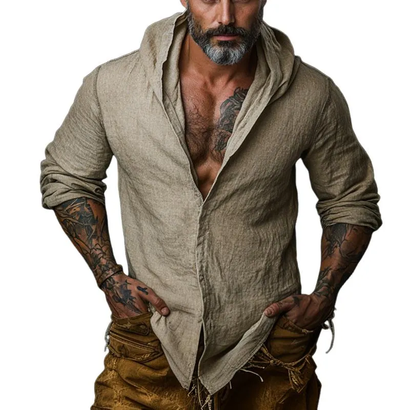 Men's Retro Casual Cotton and Linen Hooded Long Sleeve Shirt 35734885TO sold by Manly