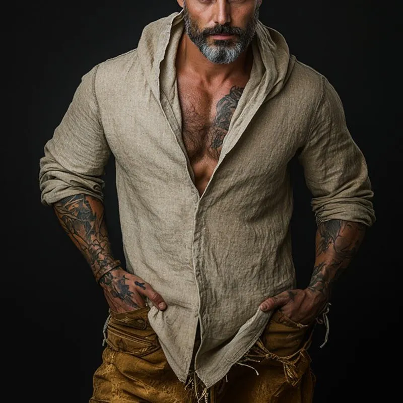 Men's Retro Casual Cotton and Linen Hooded Long Sleeve Shirt 35734885TO sold by Manly product image thumbnail 2