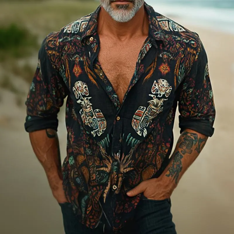 Men's Retro Casual Cotton and Linen Totem Print Long Sleeve Shirt 31675875TO sold by Manly product image thumbnail 2