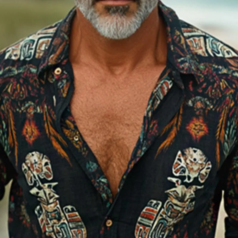 Men's Retro Casual Cotton and Linen Totem Print Long Sleeve Shirt 31675875TO sold by Manly product image thumbnail 3