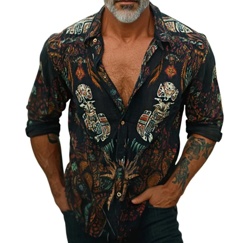 Men's Retro Casual Cotton and Linen Totem Print Long Sleeve Shirt 31675875TO sold by Manly