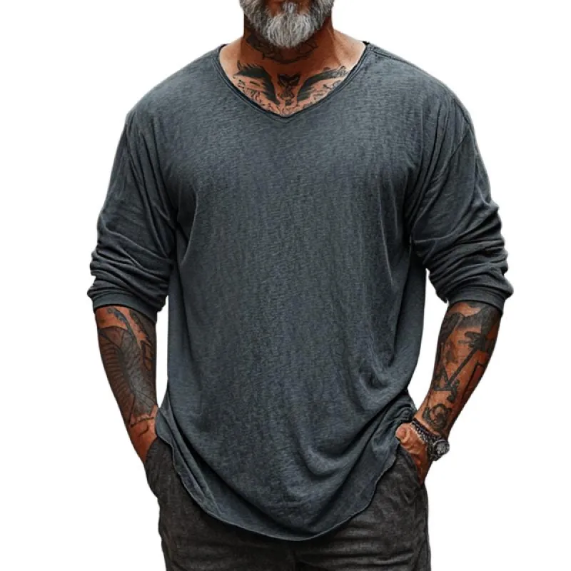 Men's Retro Casual V-Neck Long Sleeve T-Shirt 54007178TO sold by Manly