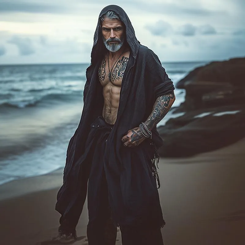 Men's Vintage Casual Solid Color Cotton and Linen Tassel Robe 55090337TO sold by Manly product image thumbnail 2