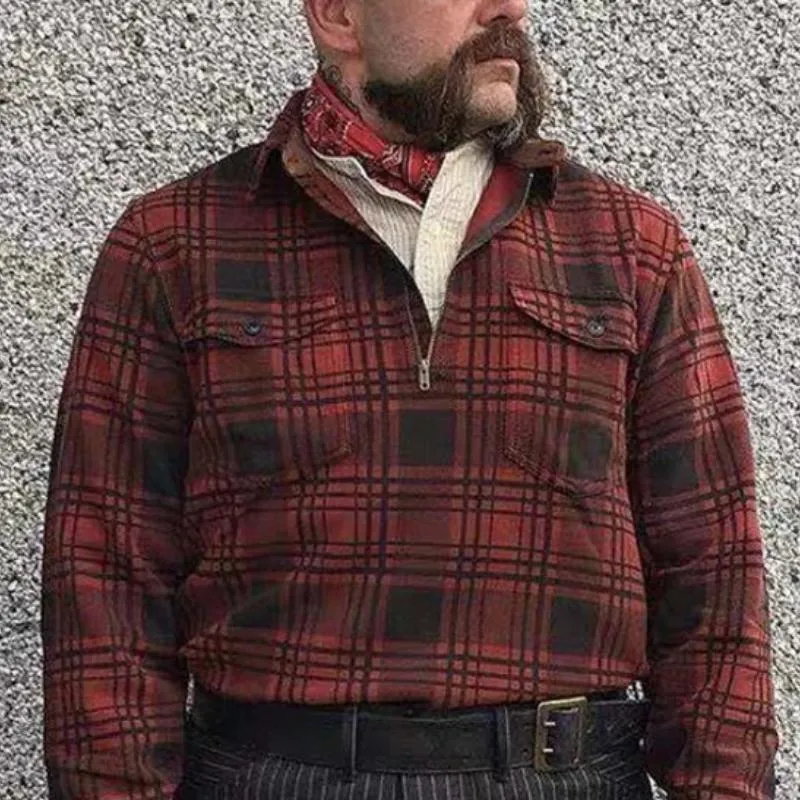 Men's Vintage Check Print Zipper Lapel Cargo Long Sleeve Shirt 53008919Y sold by Manly product image thumbnail 2