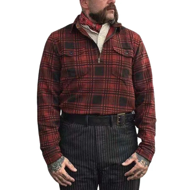 Men's Vintage Check Print Zipper Lapel Cargo Long Sleeve Shirt 53008919Y sold by Manly