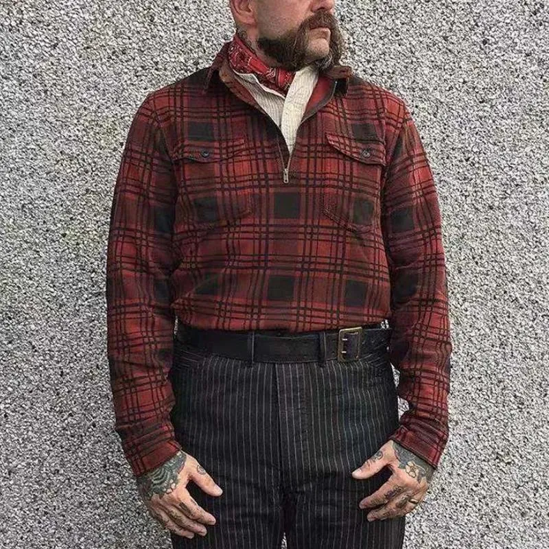 Men's Vintage Check Print Zipper Lapel Cargo Long Sleeve Shirt 53008919Y sold by Manly product image thumbnail 3