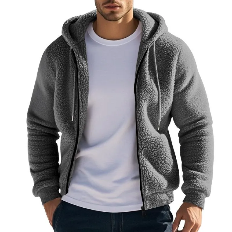 Men's Solid Loose Plush Hooded Zipper Casual Jacket 90610400Z sold by Manly