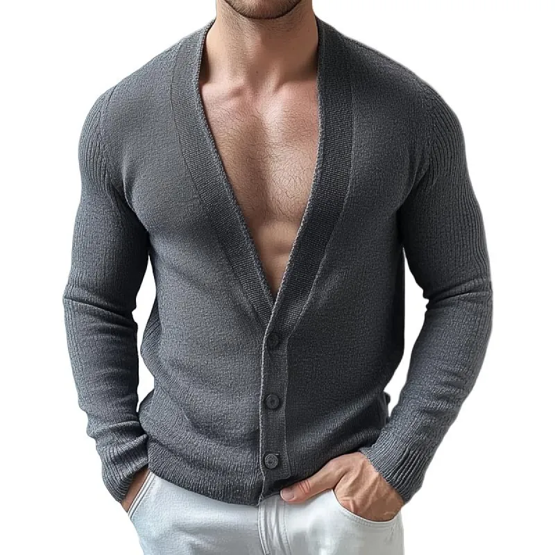 Men's Fashion Solid Color Deep V Neck Single Breasted Knit Cardigan 34191834Z sold by Manly