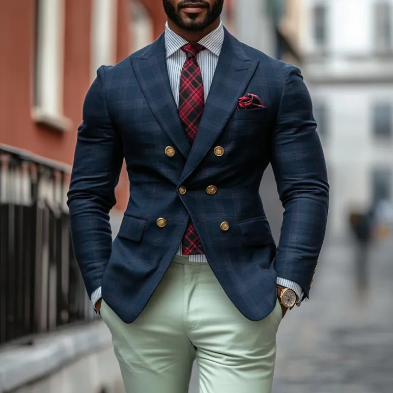 Men's Vintage Plaid Notch Lapel Double Breasted Slim Fit Blazer 41056834M sold by Manly product image thumbnail 2