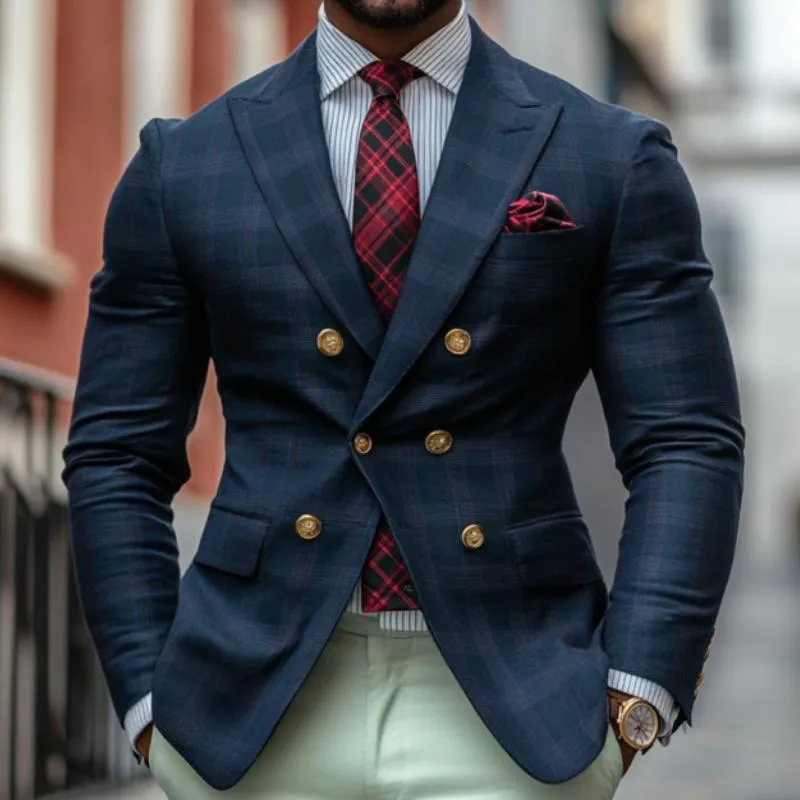 Men's Vintage Plaid Notch Lapel Double Breasted Slim Fit Blazer 41056834M sold by Manly product image thumbnail 3