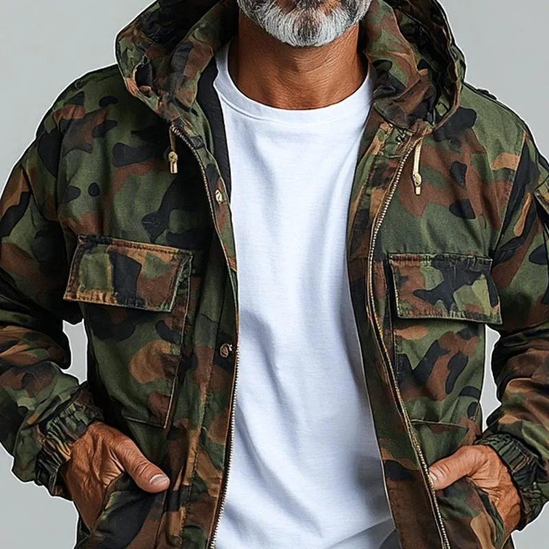 Men's Camouflage Hooded Multi-pocket Zip Cargo Jacket
